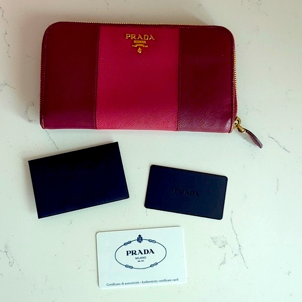 PRADA Long Wallet authenticity COA Card Saffiano Leather Wallet Prada zippy pink